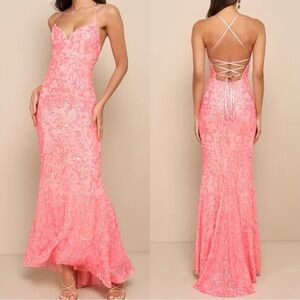NWOT Lulus Limitless Glamour Coral Pink Sequin‎ Lace-Up Maxi Dress